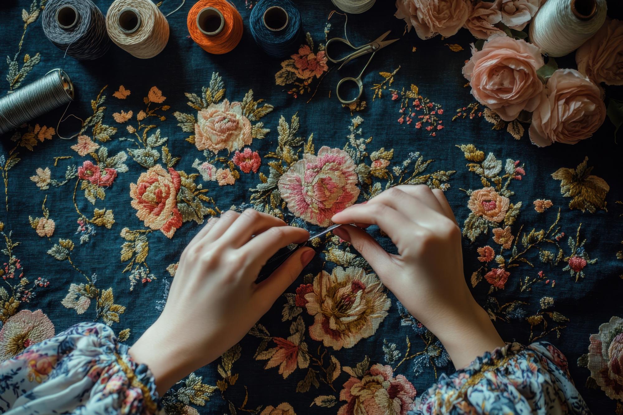 Workshop hands embroidering floral motif